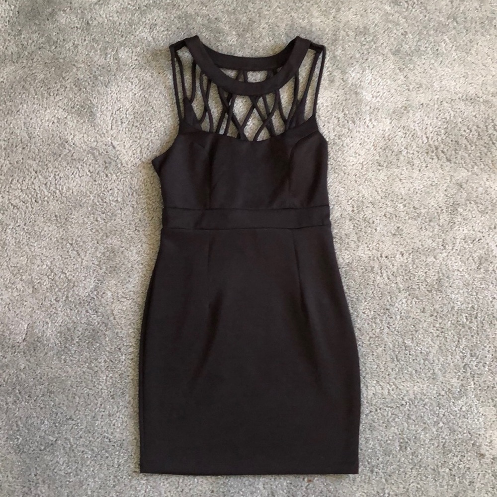 Black bodycon cage-neck dress